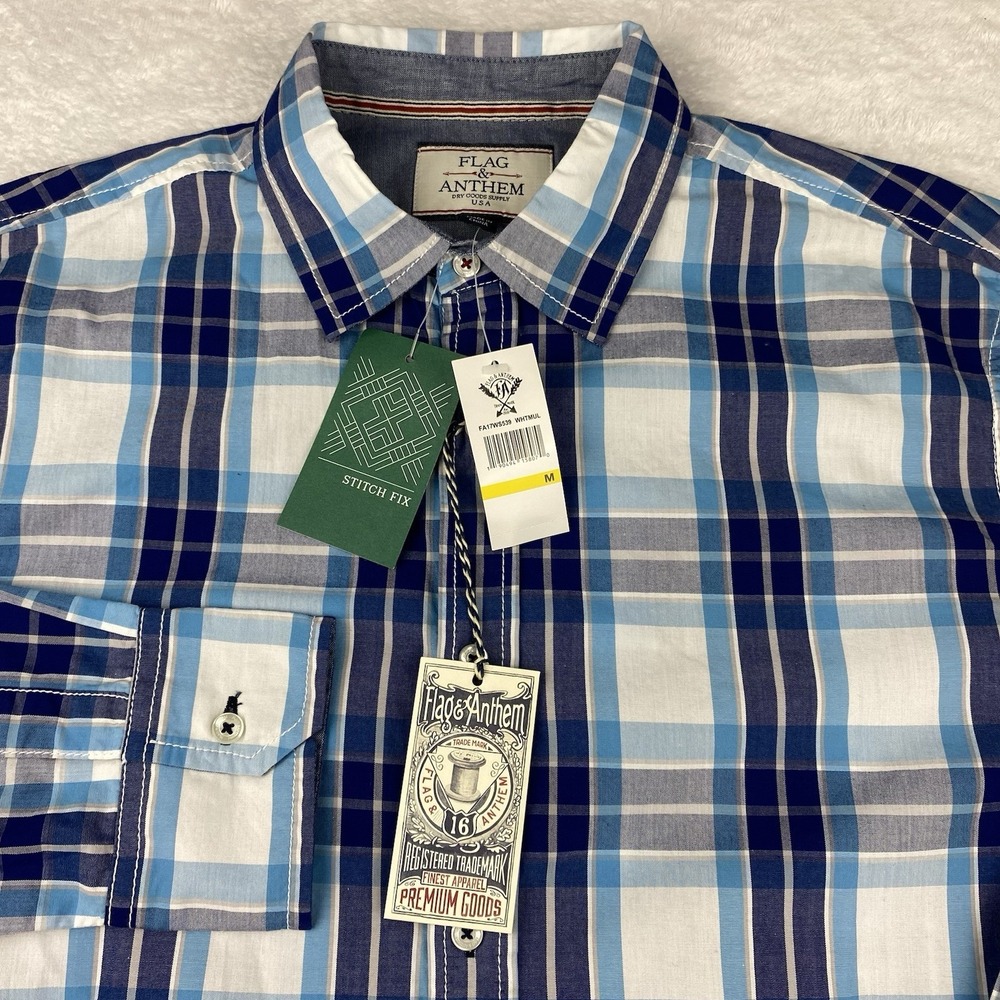 Flag & Anthem Shirt Men's Medium Blue/White Plaid Flip‎ Cuffs New w/Tags!